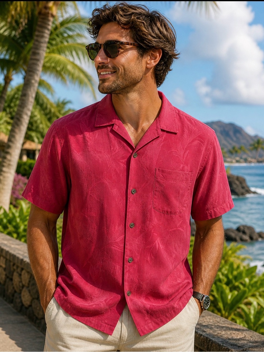 Tommy Bahama Silk Camp Shirt Men's XXL Red Textured Hawaiian Button Up Casual